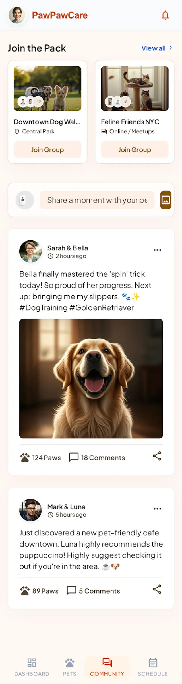 PawPawCare community feed with posts from local pet owners