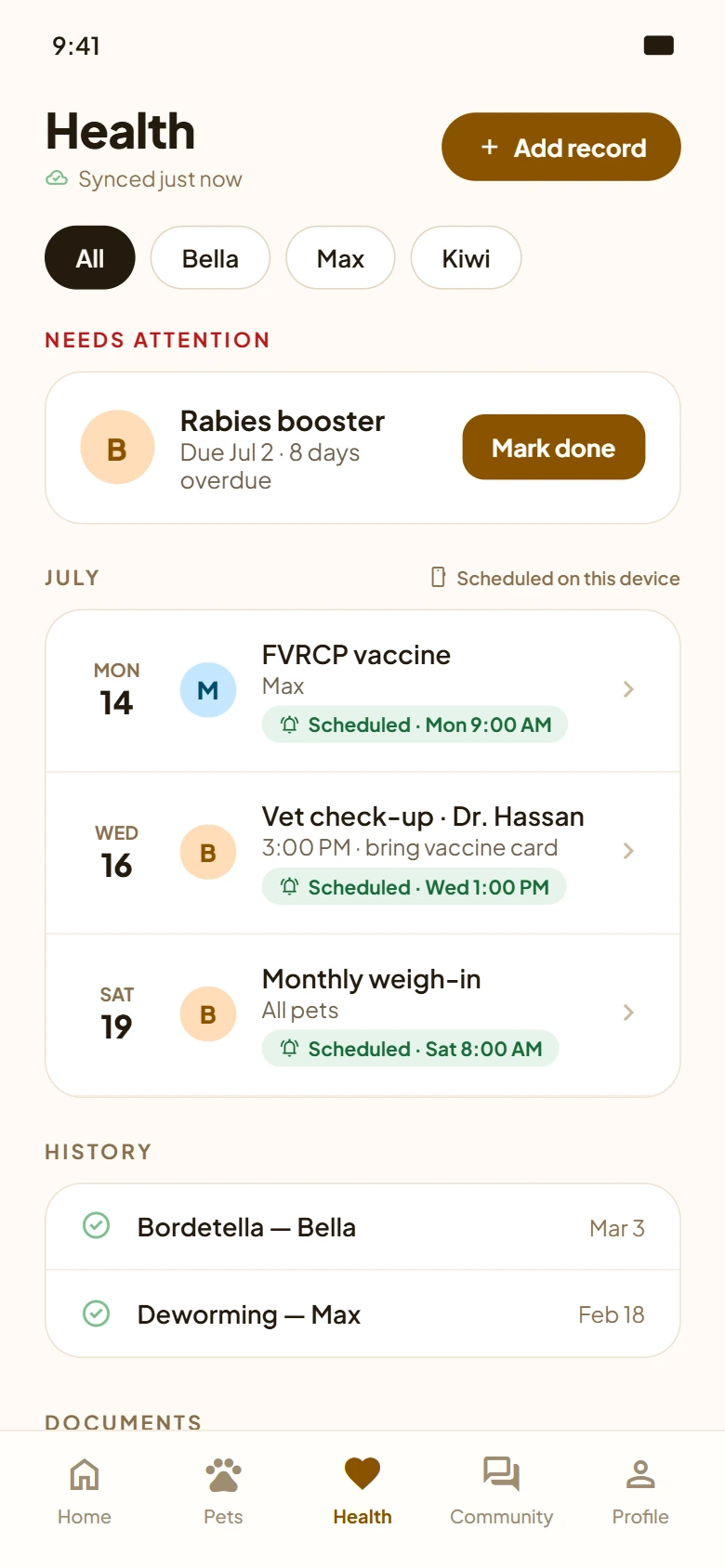 PawPawCare health hub with a per-reminder delivery chip showing each vaccine and vet visit is scheduled on this device, plus an overdue booster to mark done
