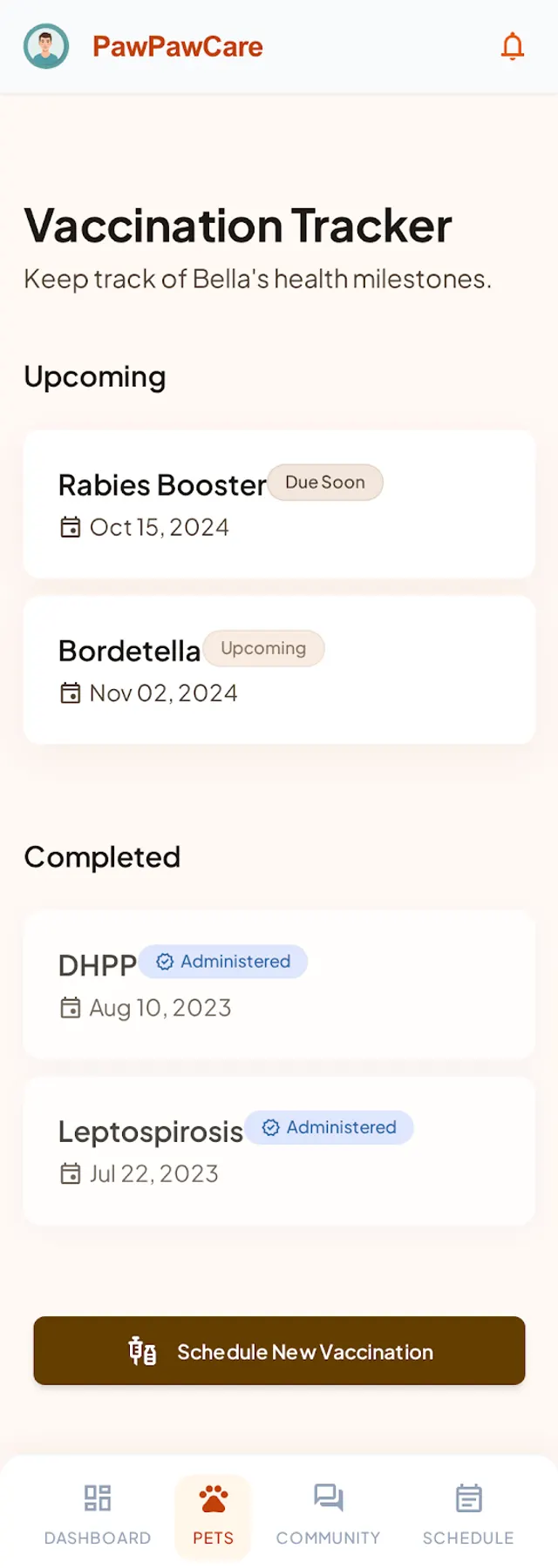 PawPawCare vaccination tracker screen listing upcoming boosters with due-soon reminders